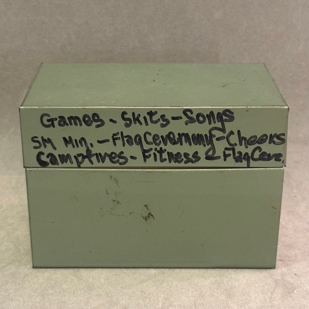 Vintage Boy Scouts BSA Metal Index Box Games Skits Songs Activity Cards Green